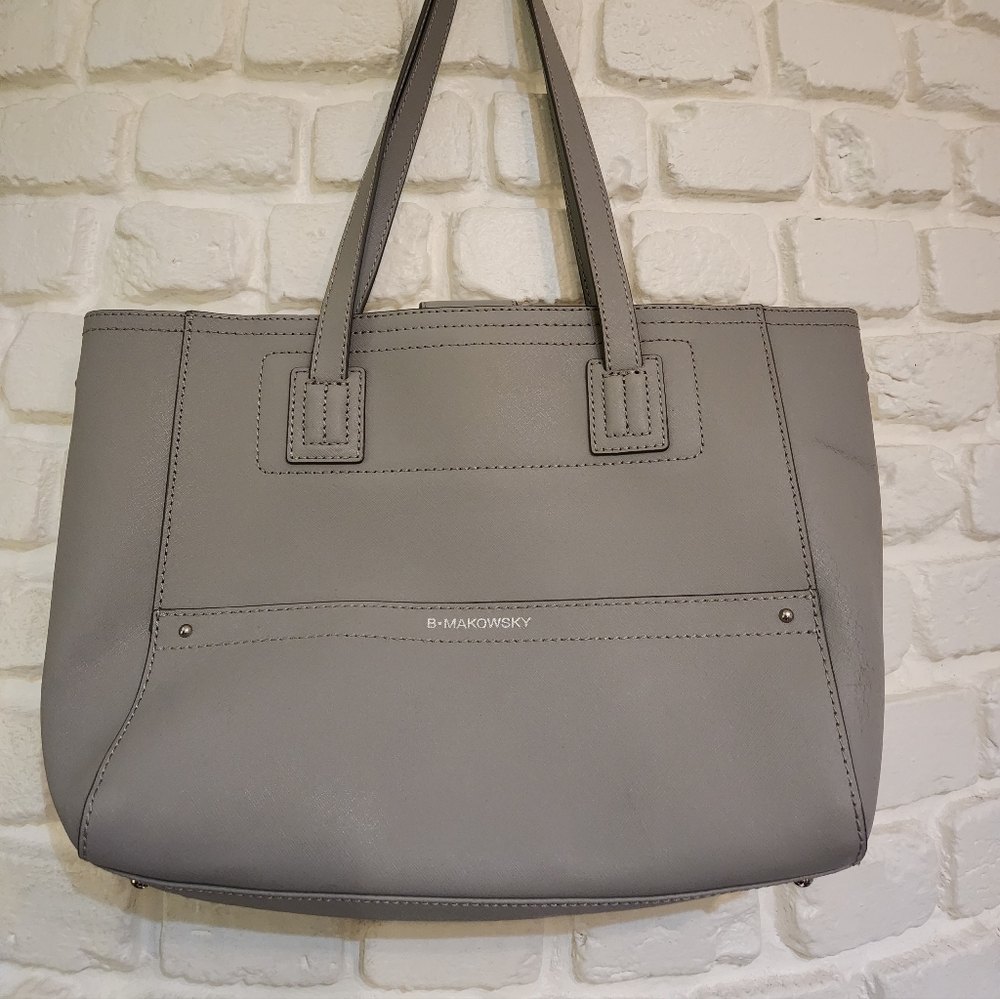 B. Makowsky Gray Saffiano Leather Ella Tote Bag